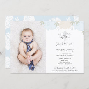 Soft Pastel Blue Peonies Cross Boy Baptism Invitation