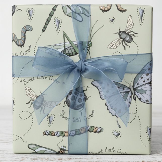 Soft Pastel Blue & Sage Boho Baby Bugs Kids Baby Wrapping Paper (Modern Insect Wrapping Paper for Boy Birthday & Baby Shower. Bug & Beetle Pattern in Blue & Green)