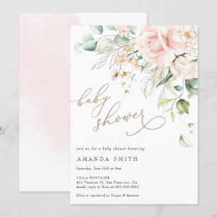 Soft Pastel Blush Floral Pink Glitter Baby Shower Invitation