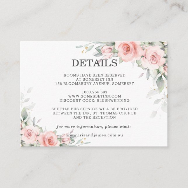 Soft Pastel Blush Pink Floral Wedding Details Info Enclosure Card (Front)