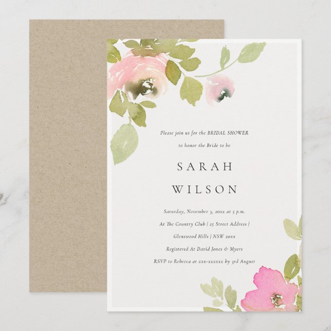 Soft Pastel Blush Rose Floral Bridal Shower Invite (Front/Back)