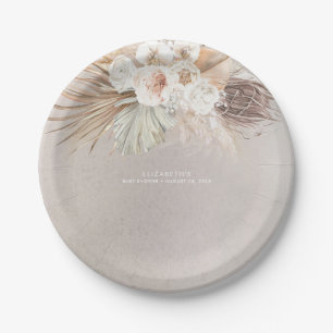Soft Pastel Brown Pampas Grass and Flowers  Paper Plate