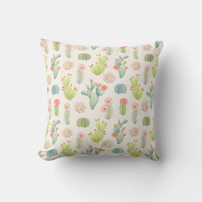 Soft Pastel Cactus & Succulent Pattern Cushion (Front)