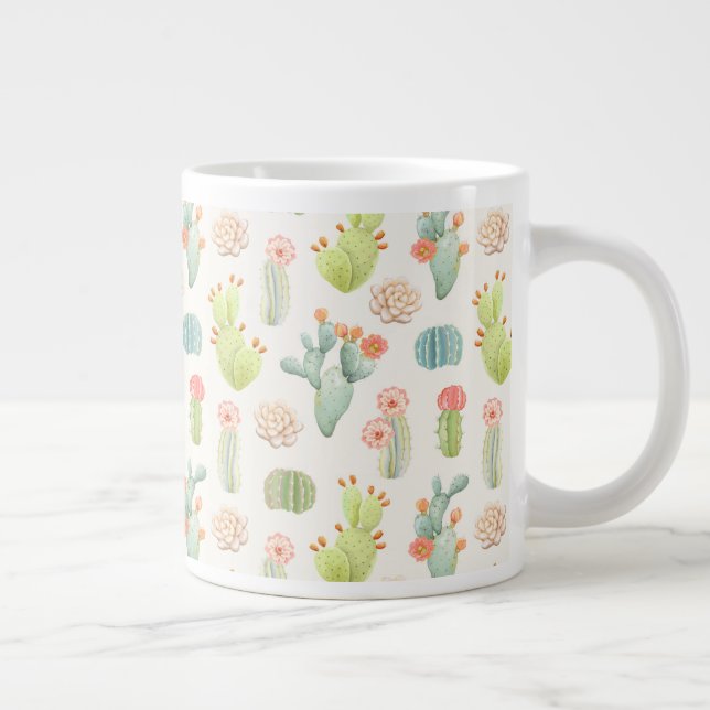 Soft Pastel Cactus & Succulent Pattern Large Coffee Mug (Right)