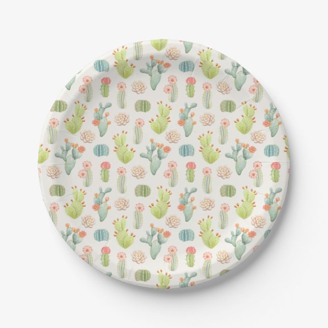 Soft Pastel Cactus & Succulent Pattern Paper Plate (Front)