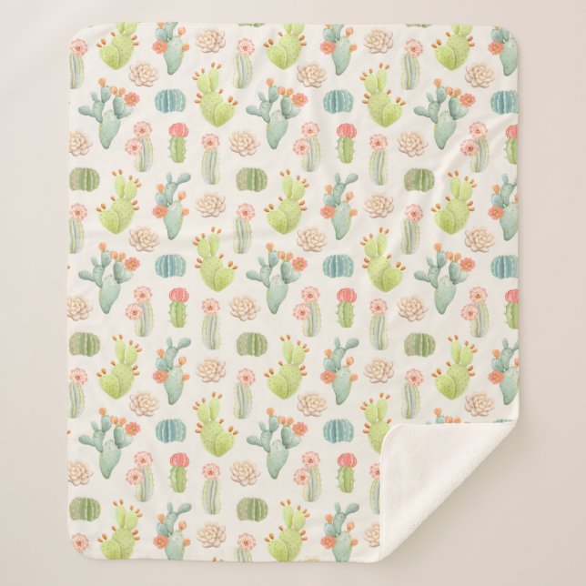 Soft Pastel Cactus & Succulent Pattern Sherpa Blanket (Front)