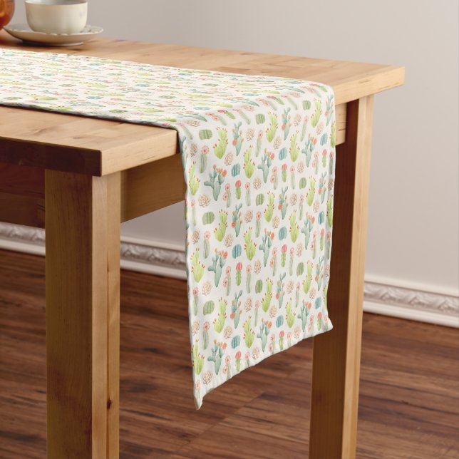 Soft Pastel Cactus & Succulent Pattern Short Table Runner (In Situ)