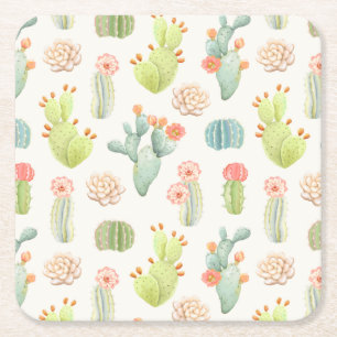 Soft Pastel Cactus & Succulent Pattern Square Paper Coaster