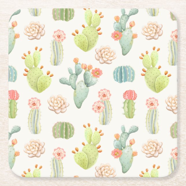 Soft Pastel Cactus & Succulent Pattern Square Paper Coaster (Front)