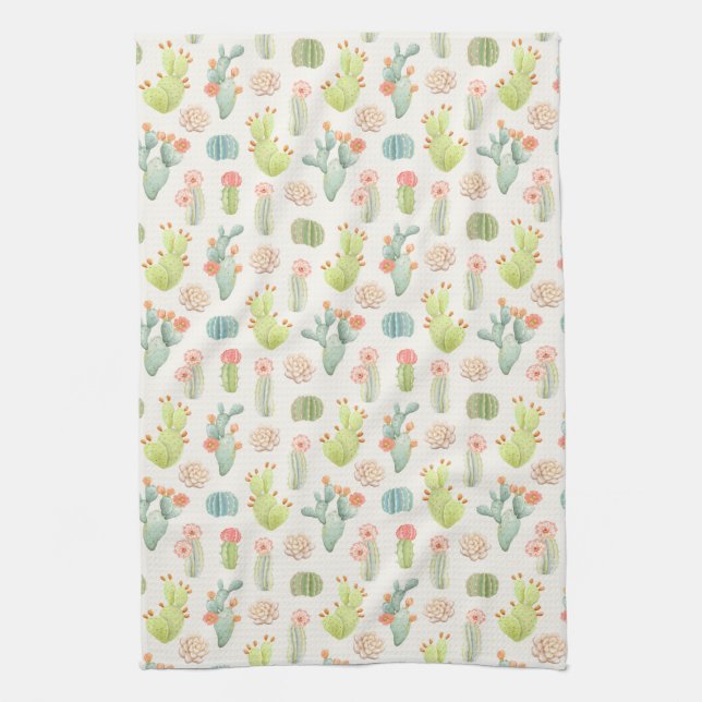 Soft Pastel Cactus & Succulent Pattern Tea Towel (Vertical)