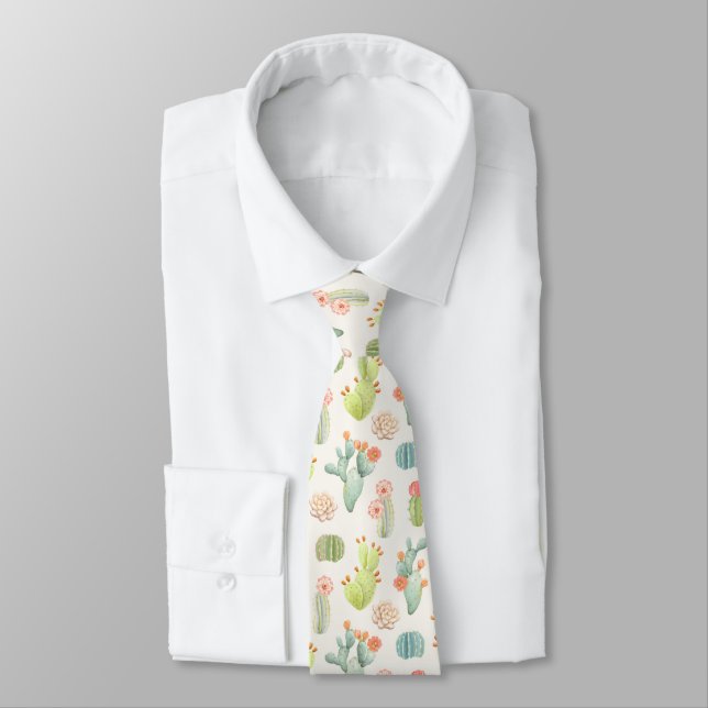 Soft Pastel Cactus & Succulent Pattern Tie (Tied)