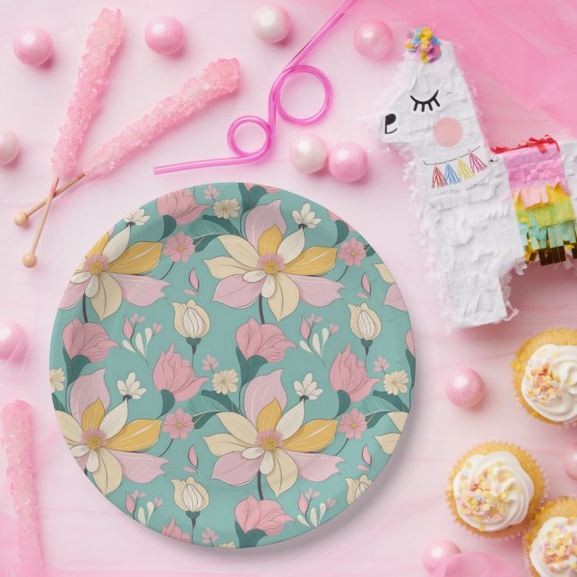 Soft pastel colour floral pattern paper plate (Party)