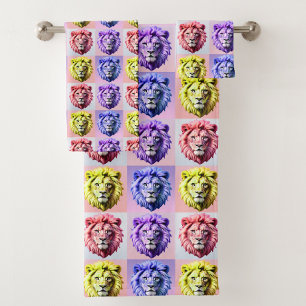 Soft Pastel Colour Lion Head Check Pattern Design Bath Towel Set