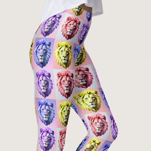 Soft Pastel Colour Lion Head Check Pattern Design  Leggings