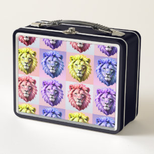 Soft Pastel Colour Lion Head Check Pattern Design Metal Lunch Box
