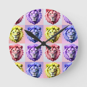 Soft Pastel Colour Lion Head Check Pattern Design  Round Clock