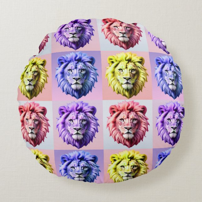 Soft Pastel Colour Lion Head Check Pattern Design  Round Cushion (Front)