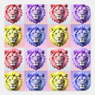 Soft Pastel Colour Lion Head Check Pattern Design  Square Sticker