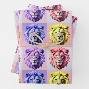 Soft Pastel Colour Lion Head Check Pattern Design Wrapping Paper Sheet