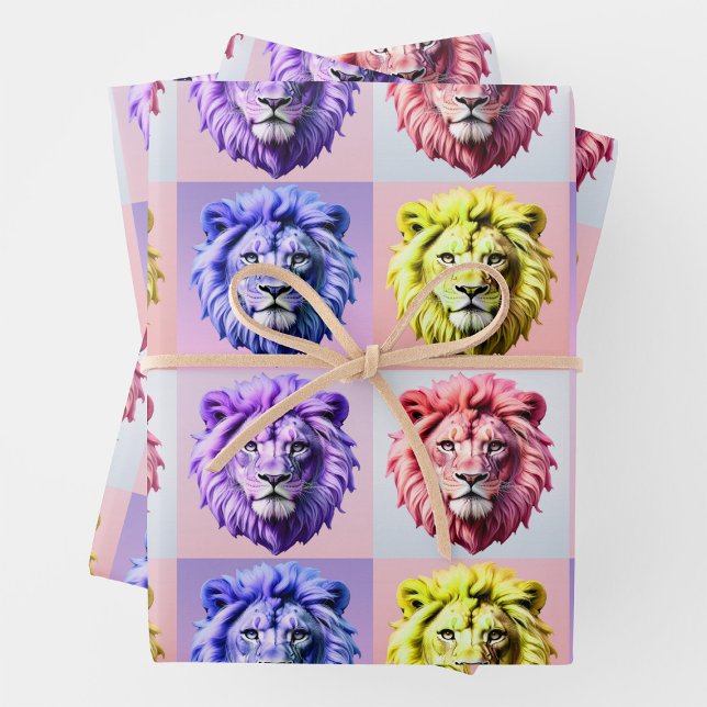 Soft Pastel Colour Lion Head Check Pattern Design  Wrapping Paper Sheet (Creator Uploaded)