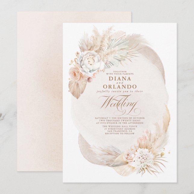 Soft Pastel Cream and Ivory Floral Boho Wedding Invitation (Front/Back)