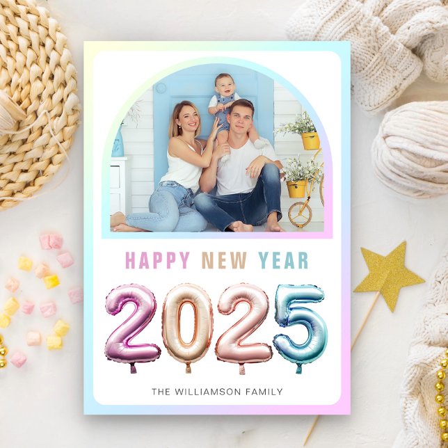 Soft Pastel Cute 2025 Balloon Happy New Year Photo Holiday Card (Creator Uploaded)