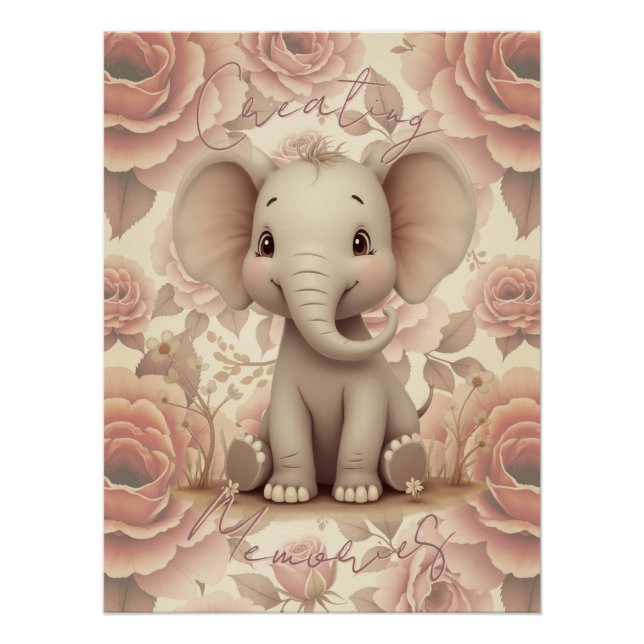 Soft Pastel Elephant And Floral Poster (Front)