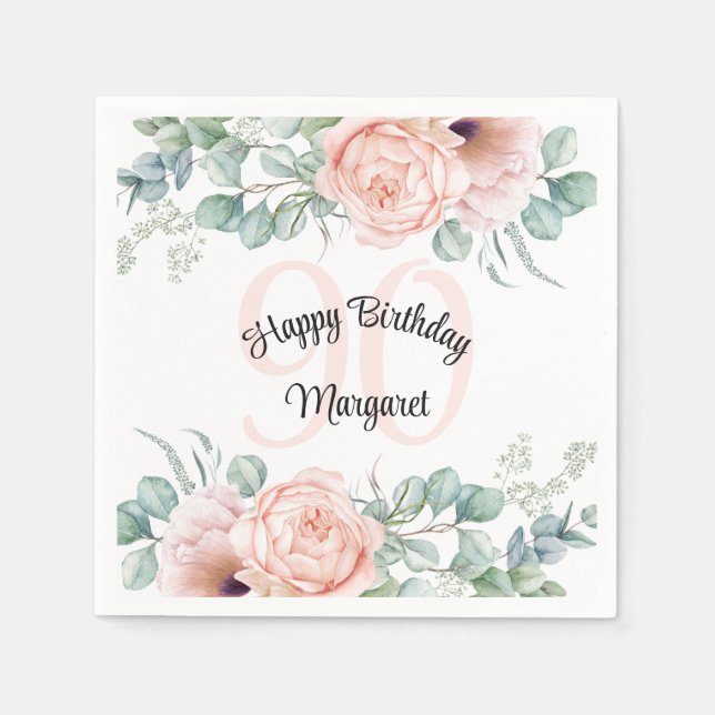 Soft Pastel Floral 90th Birthday Celebration Napkin (Front)