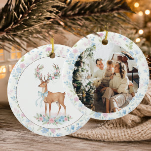 Soft Pastel Floral Family Photo Deer Christmas Ceramic Tree Decoration
