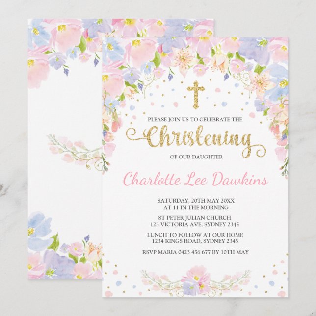 Soft Pastel Floral Girl Christening Baptism Invite (Front/Back)