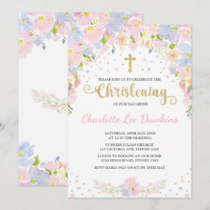 Soft Pastel Floral Girl Christening Baptism Invite