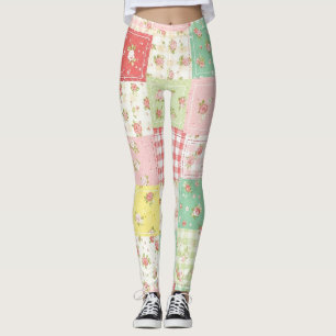 Soft Pastel Floral Patchwork Gingham Check Leggings