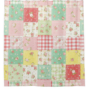 Soft Pastel Floral Patchwork Gingham Check Shower Curtain
