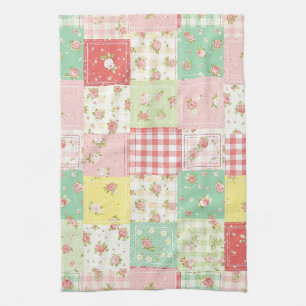 Soft Pastel Floral Patchwork Gingham Check Tea Towel