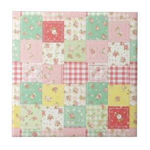 Soft Pastel Floral Patchwork Gingham Check Tile