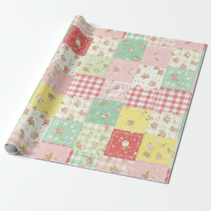 Soft Pastel Floral Patchwork Gingham Check Wrapping Paper