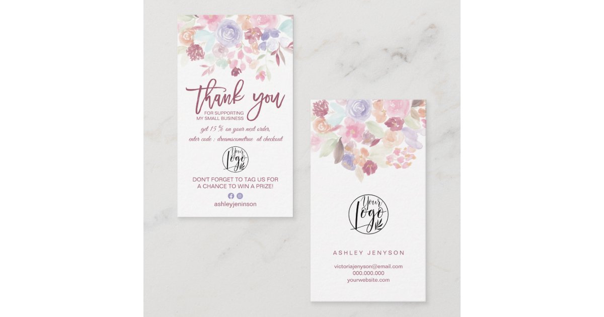 Soft pastel floral script logo order thank you Business Card | Zazzle