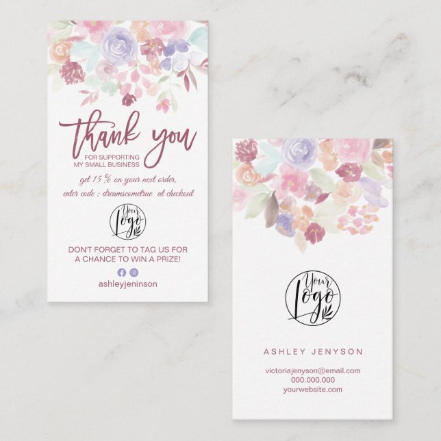  Soft pastel floral script logo order thank you Business Card (Front/Back)