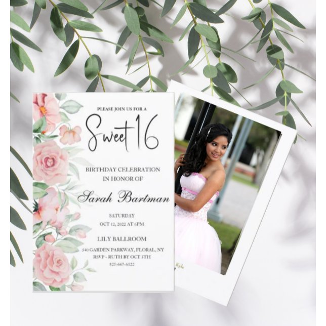 Soft pastel floral watercolor photo Sweet 16  Invitation (Creator Uploaded)