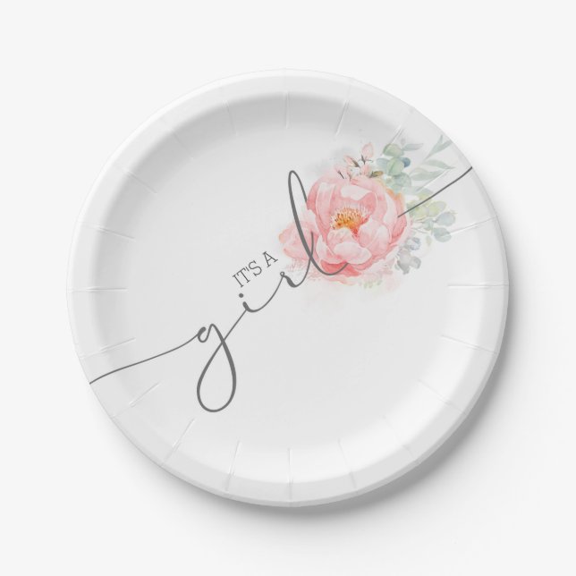 Soft Pastel Flower Elegant Script Baby Shower Pape Paper Plate (Front)