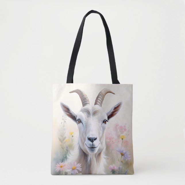 Soft Pastel Flower Field Goat Portrait Tote Bag (Front)
