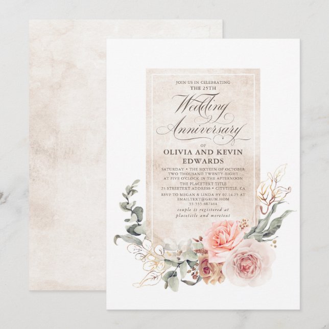 Soft Pastel Flowers Elegant Wedding Anniversary Invitation (Front/Back)