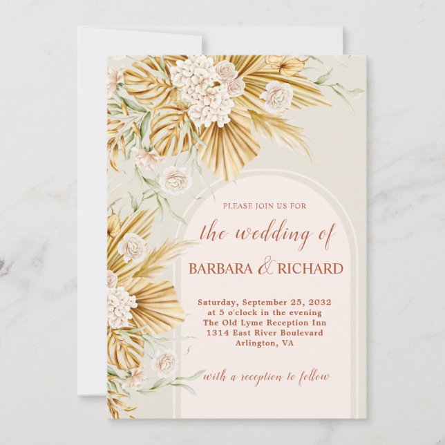 Soft Pastel Flowers Pampas Grass Boho Wedding  Invitation (Front)