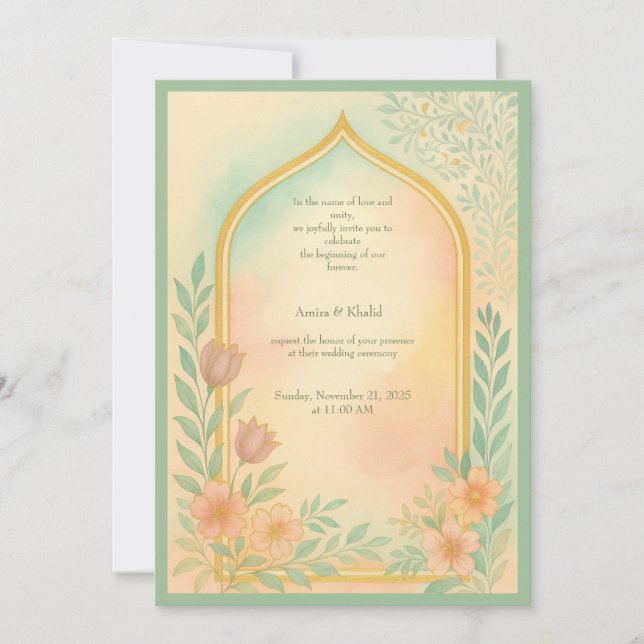 Soft Pastel Gold Floral Arch Wedding Invitation (Front)