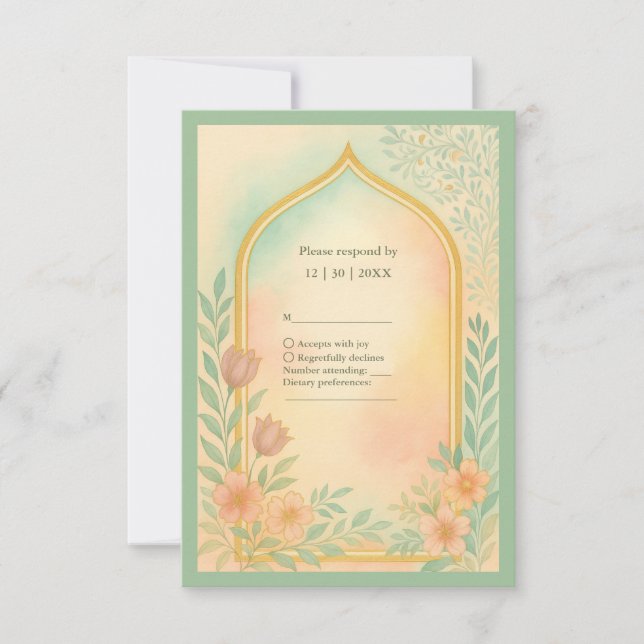 Soft Pastel Gold Floral Arch Wedding RSVP Card (Front)