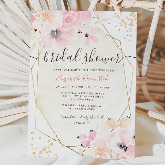 Soft pastel gold floral watercolor bridal shower invitation (Creator Uploaded)