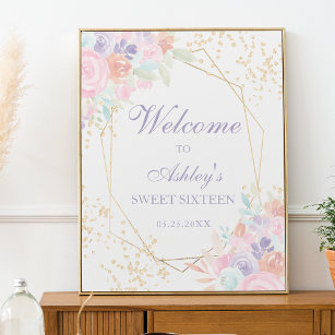 Soft pastel gold floral watercolor photo Sweet 16 Poster