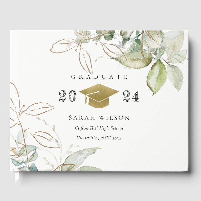 Soft Pastel Gold Green Foliage Graduation Cap Guest Book (Front)