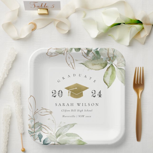 Soft Pastel Gold Green Foliage Graduation Cap Paper Plate (Wedding)