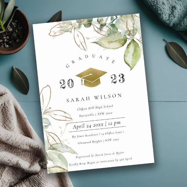 Soft Pastel Gold Green Foliage Graduation Party Invitation (Creator Uploaded)